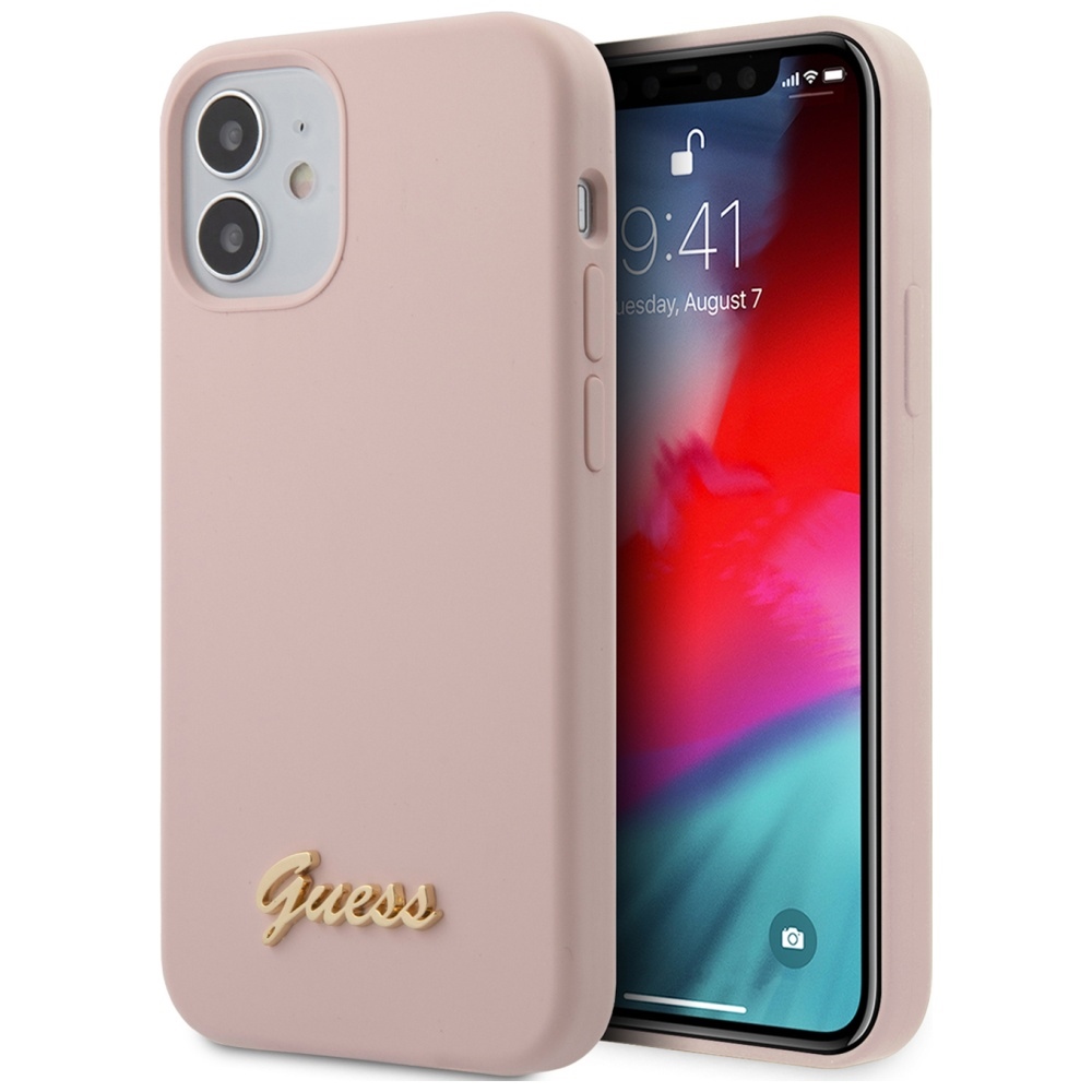 Guess GUHCP12SLSLMGLP iPhone 12 mini 5.4" gaiši rozā/gaiši rozā cietais apvalks Silikona uzraksts Zelta logotips