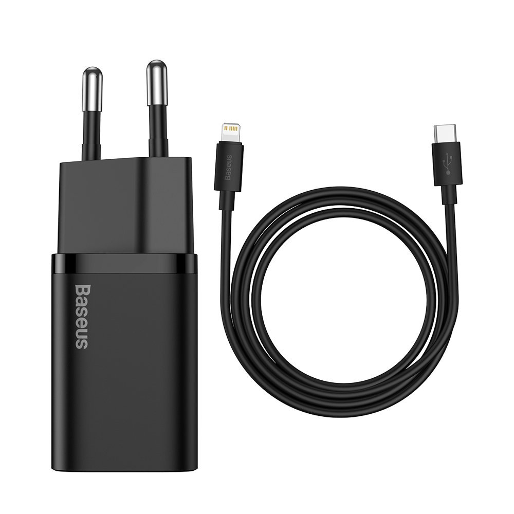 Baseus Super Si 1C ātrais lādētājs USB Type C 20W Power Delivery + USB Type C - Lightning kabelis 1m melns (TZCCSUP-B01)