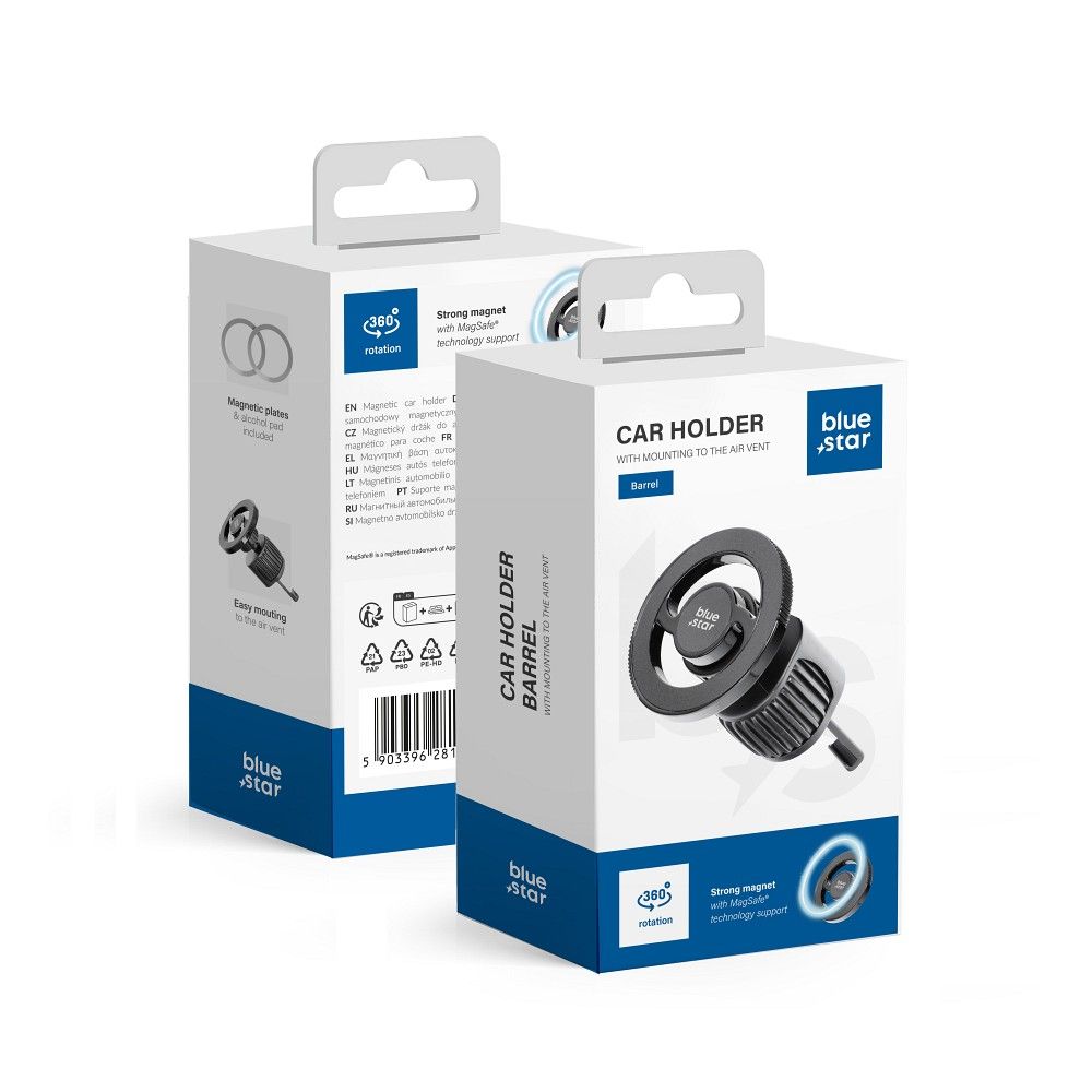 BLUE STAR magnētiskais automašīnas turētājs gaisa ventilācijai, saderīgs ar MagSafe BARREL, melns