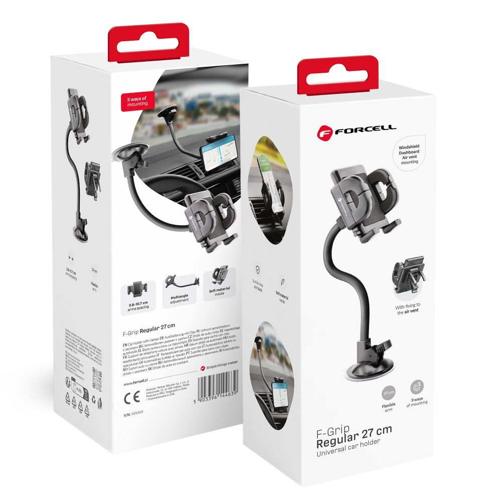 FORCELL F-GRIP Regular 27 cm auto turētājs vējstiklam / paneļim / ventilācijas atverei melns