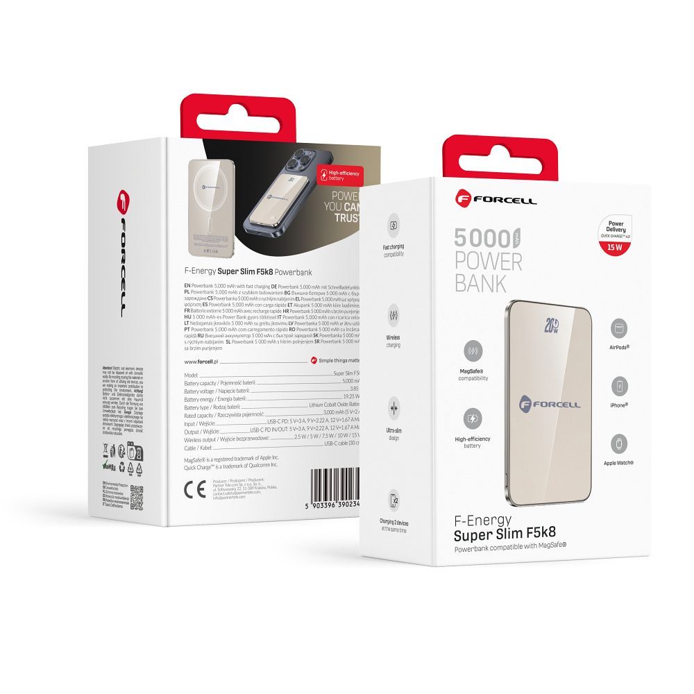 Portatīvais lādētājs saderīgs ar MagSafe Forcell F-Energy SuperSlim F5K8 QC4.0 PD3.0 15W 5000 mAh titāna dykuma krāsa
