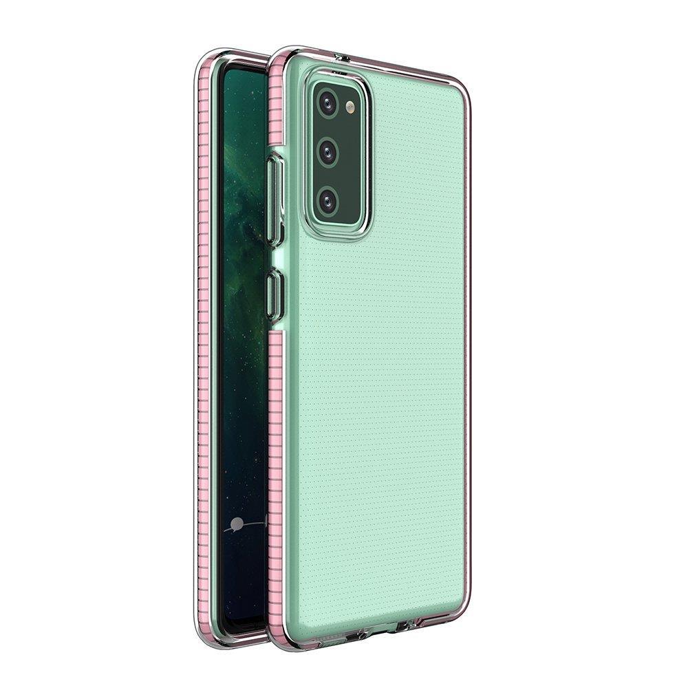 Viedtālruņa apvalks Spring Case – skaidrs TPU gel apvalks ar krāsainu rāmi, paredzēts Samsung Galaxy A02s EU – gaiši rozā apvalks