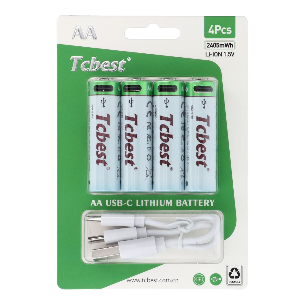 TCBEST uzlādējams akumulators R6 (AA) 1600 mAh ar ligzdu Type C + kabelis USB A uz 4 x Type C 4 gab.