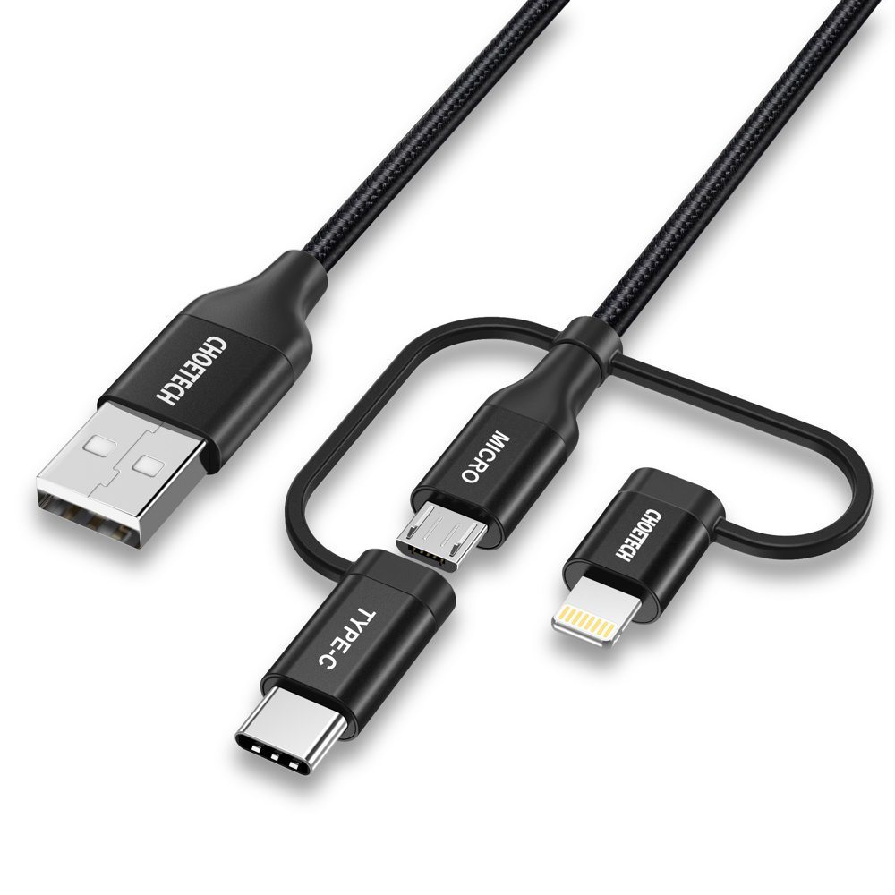 Choetech 3in1 MFI kabelis USB - USB Type C / micro USB / Lightning (uzlāde 3A / datu pārraide 480 Mbps) 1.2 m, melns (IP0030-BK)
