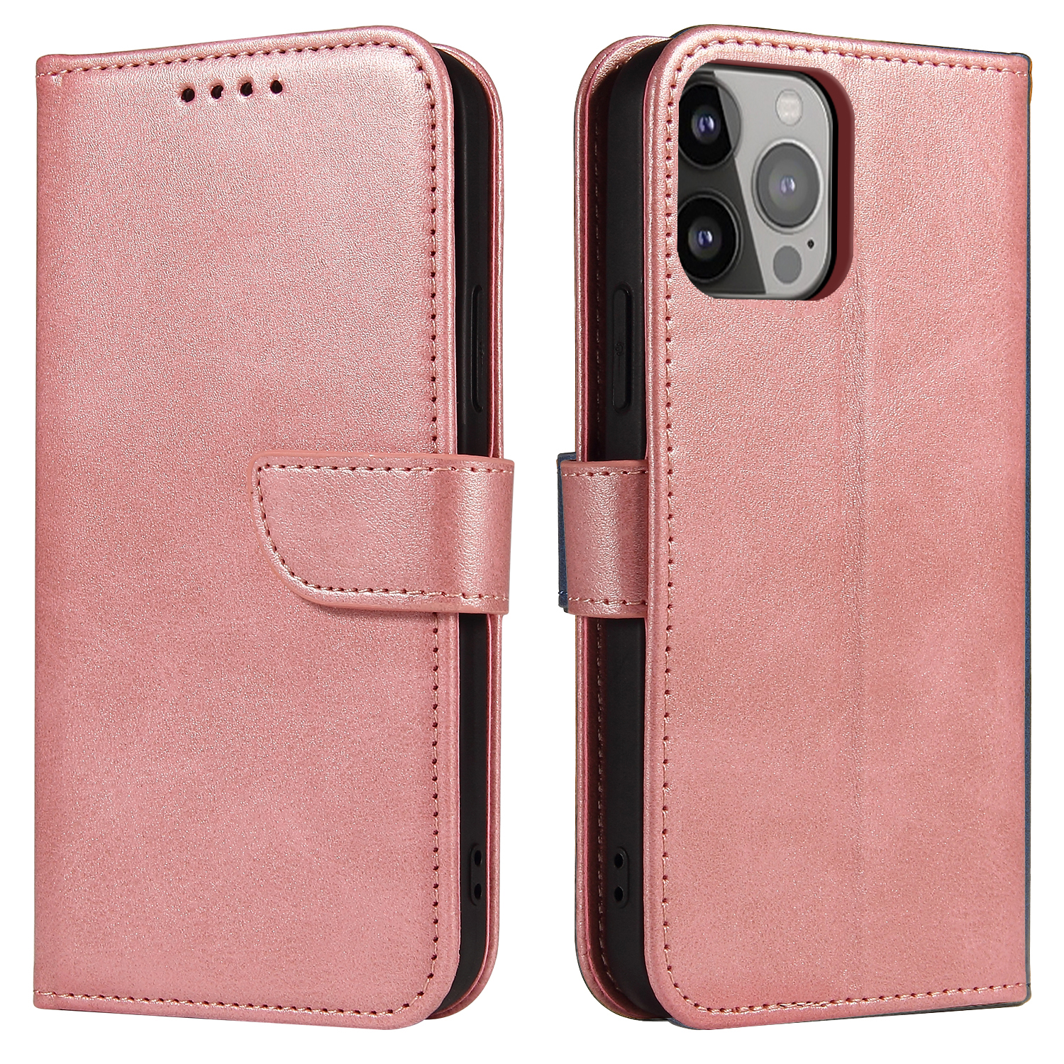 Magnet Case elegants grāmatas tipa apvalks ar statīvu iPhone 13 Pro Max rozā