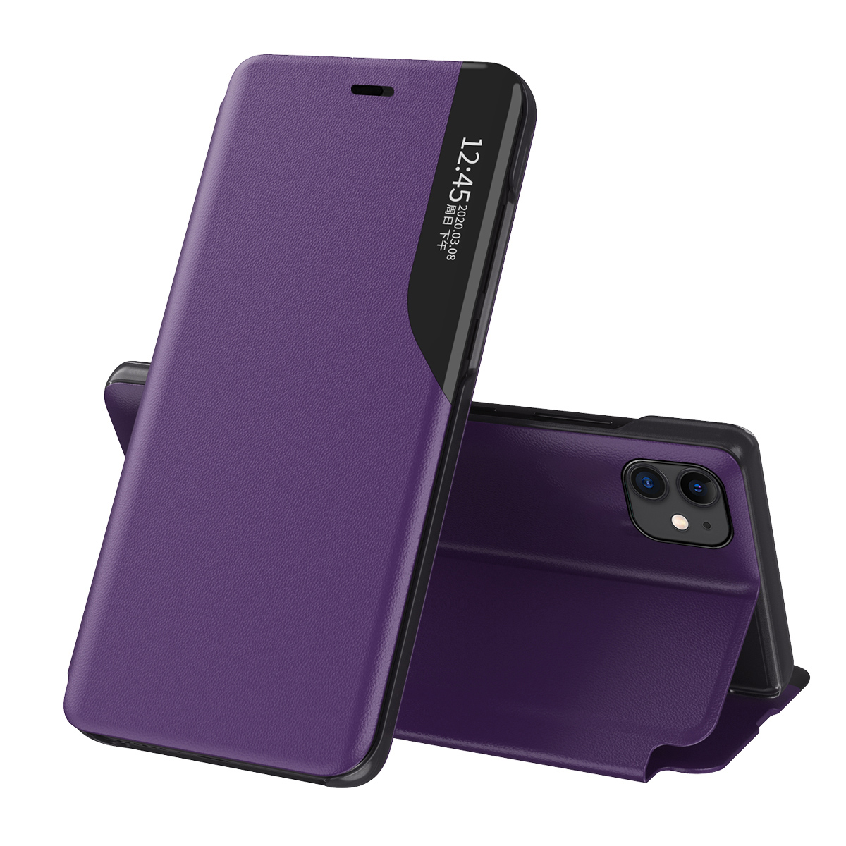 Eco Leather View Case elegants grāmatas tipa viedtālruņa apvalks ar statīvu iPhone 13 Pro Max violets