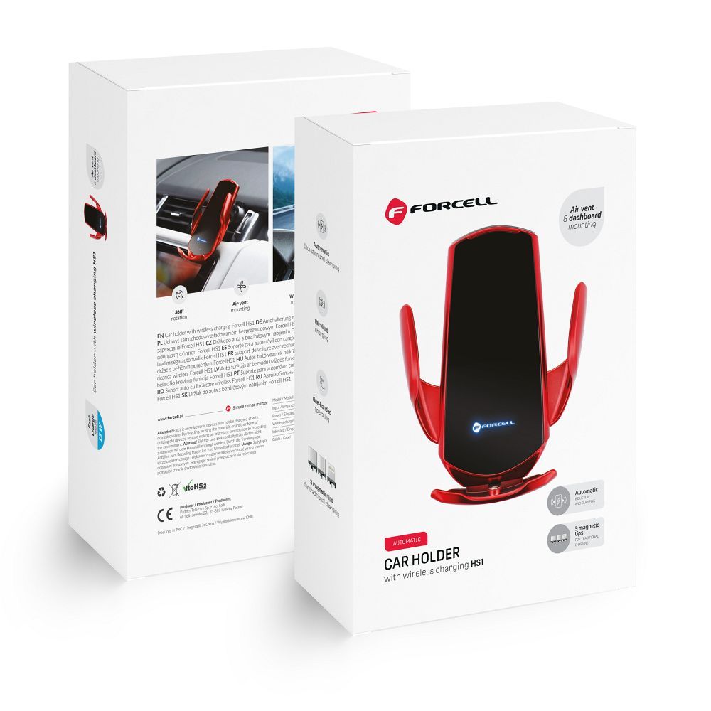 FORCELL F-GRIP automātiskais auto turētājs vējstiklam / ventilācijas atverei ar bezvadu uzlādi Qi 15W sarkans