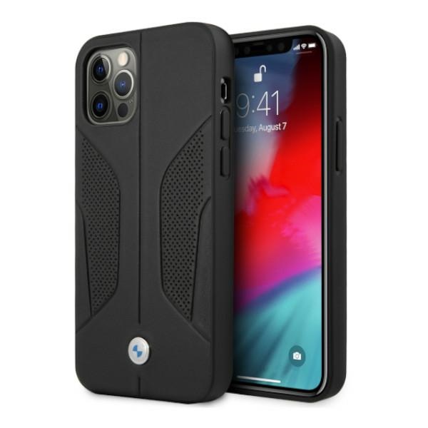 BMW ādas apvalks ar perforētām malām iPhone 12 Pro Max - melns