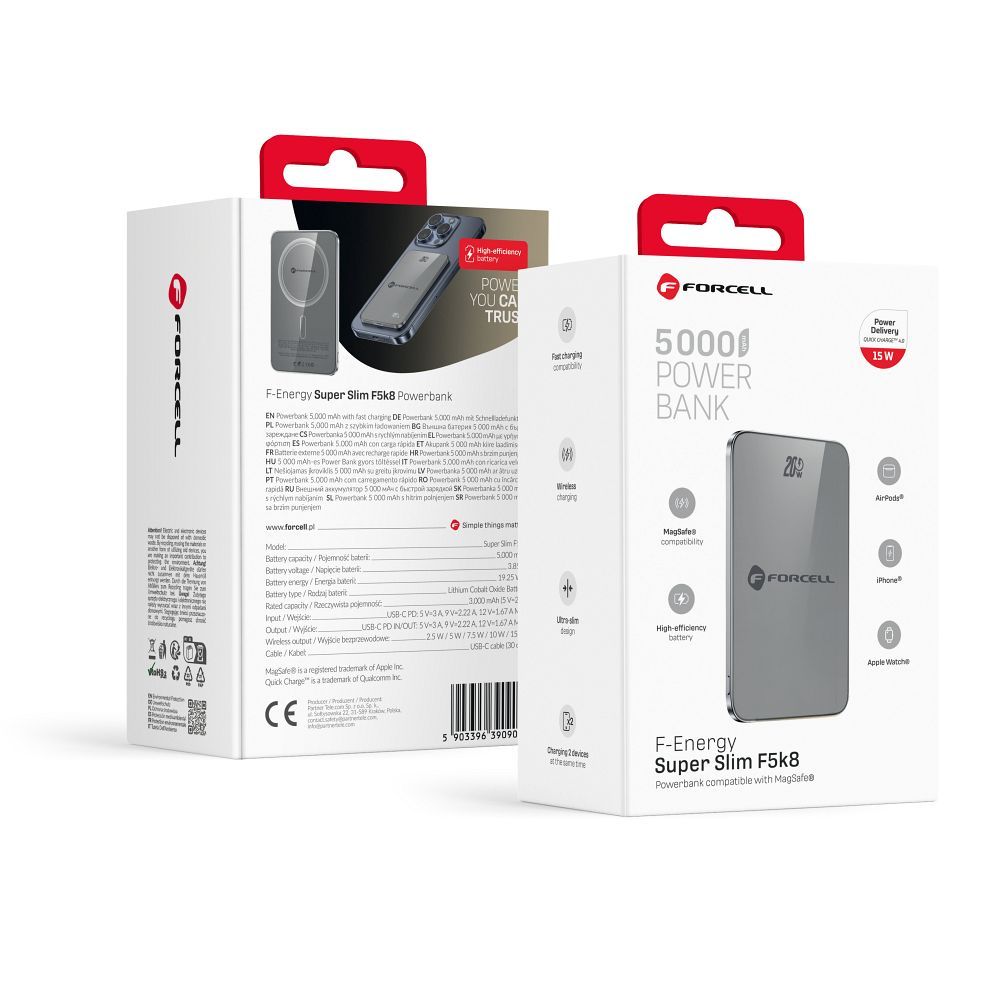Portatīvais lādētājs saderīgs ar MagSafe Forcell F-Energy SuperSlim F5K8 QC4.0 PD3.0 15W 5000 mAh pelēks