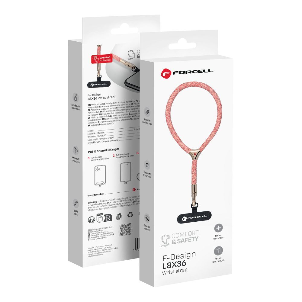 FORCELL F-DESIGN L8X36 rokas telefona siksniņa ar regulējamu garumu (maks. 18cm cilpā) rozā balta