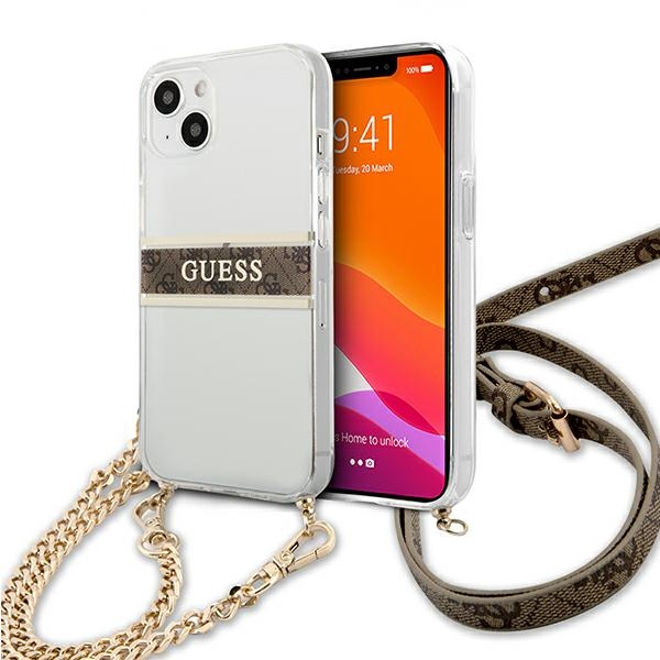 Guess GUHCP13SKC4GBGO iPhone 13 mini 5.4" caurspīdīgs cietais apvalks ar 4G brūnu siksniņu un zelta ķēdīti