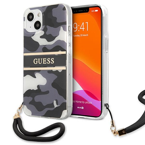 Guess GUHCP13MKCABBK iPhone 13 6.1" melns/melns cietais apvalks Camo Strap Collection