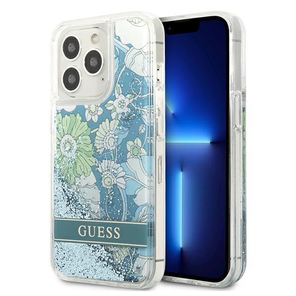 Guess GUHCP13XLFLSN iPhone 13 Pro Max 6.7" zaļš/zaļš cietais viedtālruņa apvalks ar ziedu šķidro spīdumu