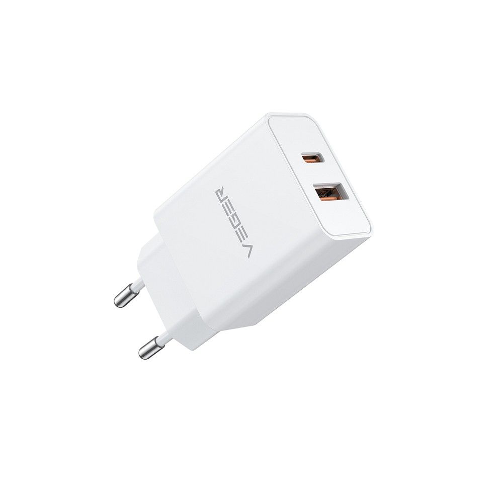 VEGER ceļojumu lādētājs USB A + Type C PD QC3.0 3A 30W VLS302U balts