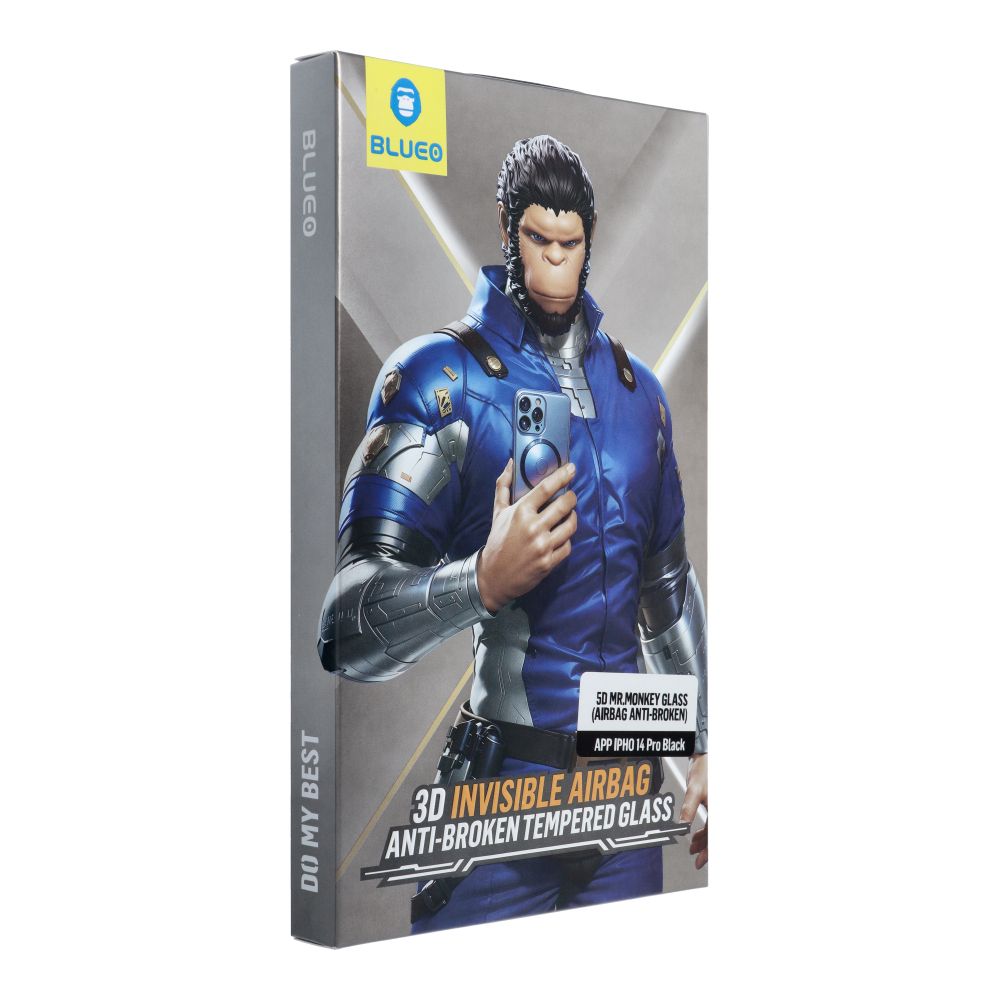 Aizsargstikls 5D Mr. Monkey Glass - Apple iPhone 14 Pro melns (Aizsarg pret lūzumiem ar Airbaga)