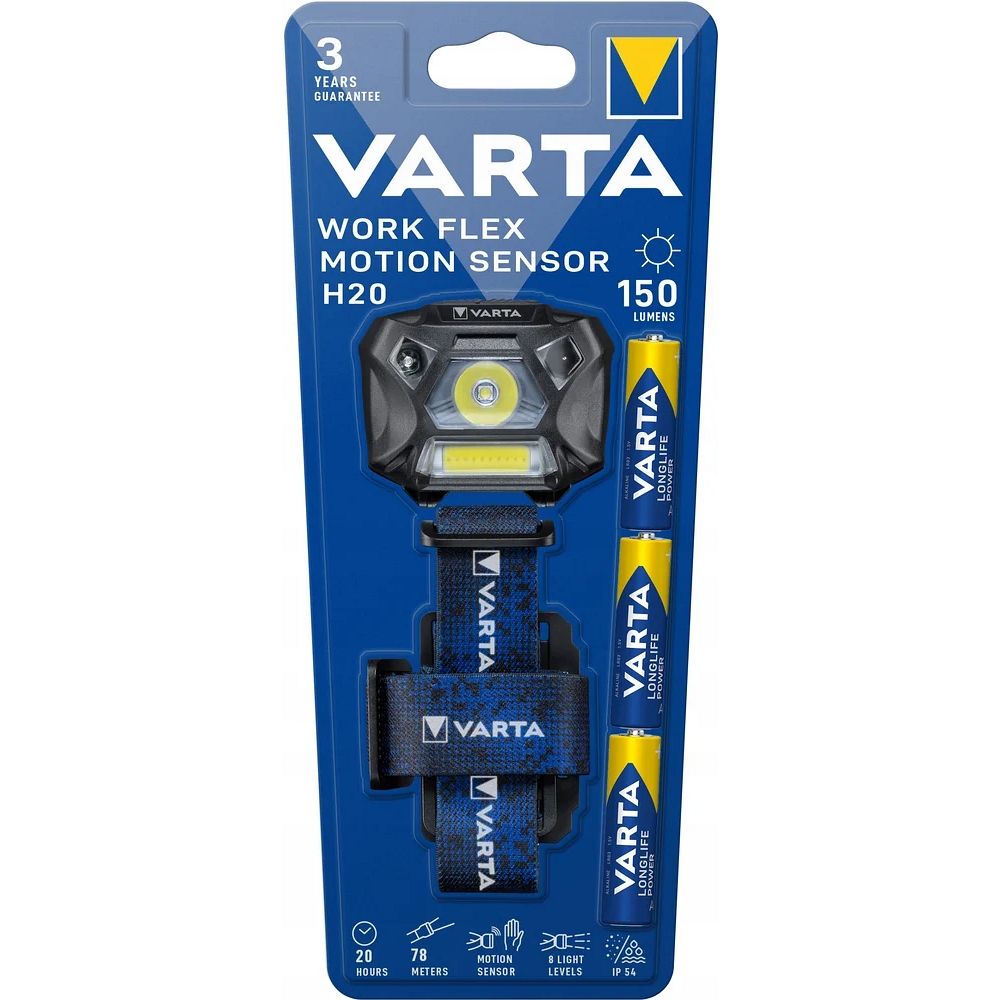 VARTA galvas lukturis LED Work Flex kustības sensors H20 150 lm + 3 gab. bateriju R3 (AAA)