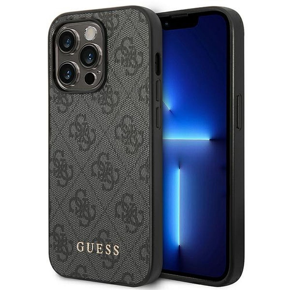 GUESS apvalks IPHONE 14 Pro Max GUHCP14XG4GFGR (4G zelta logotips) pelēks