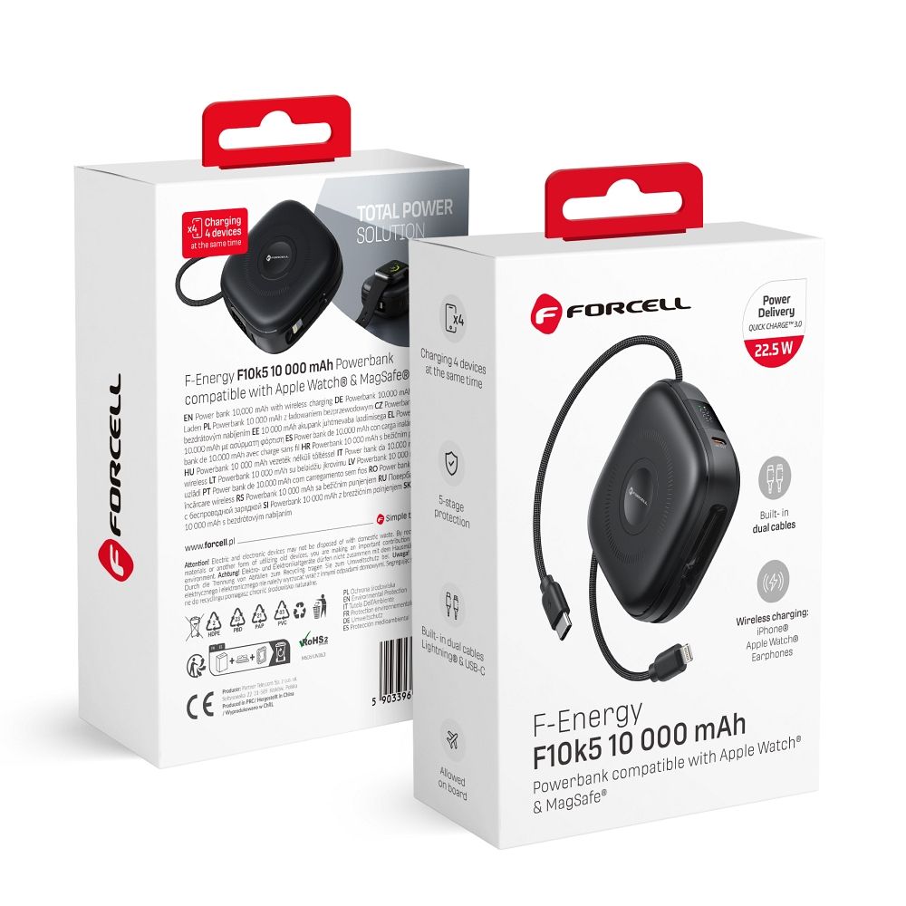 Portatīvais lādētājs saderīgs ar MagSafe Forcell F-Energy F10K5 PD3.1 QC3.0 3A 22,5W 10000 mAh saderīgs ar Apple Watch melna