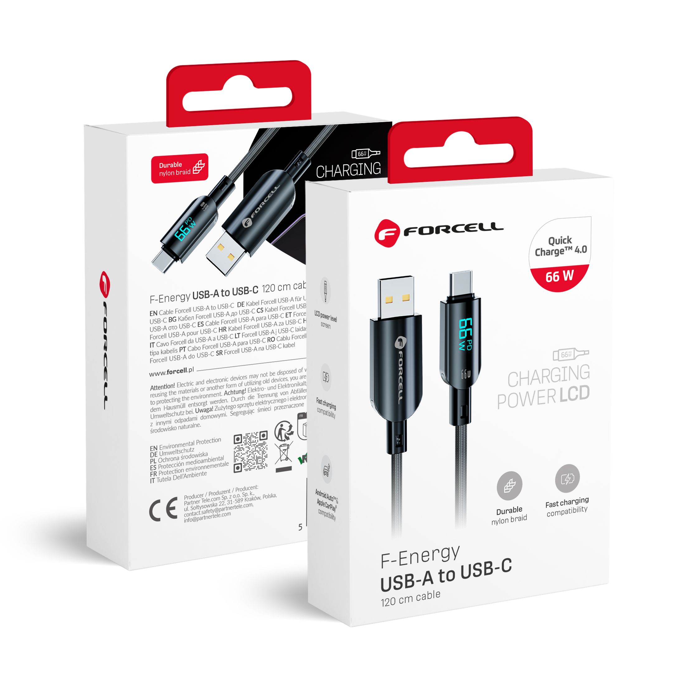 FORCELL F-ENERGY C272 kabelis USB A uz Type C QC4.0 3A 66W Digitālais 1,2 m melns