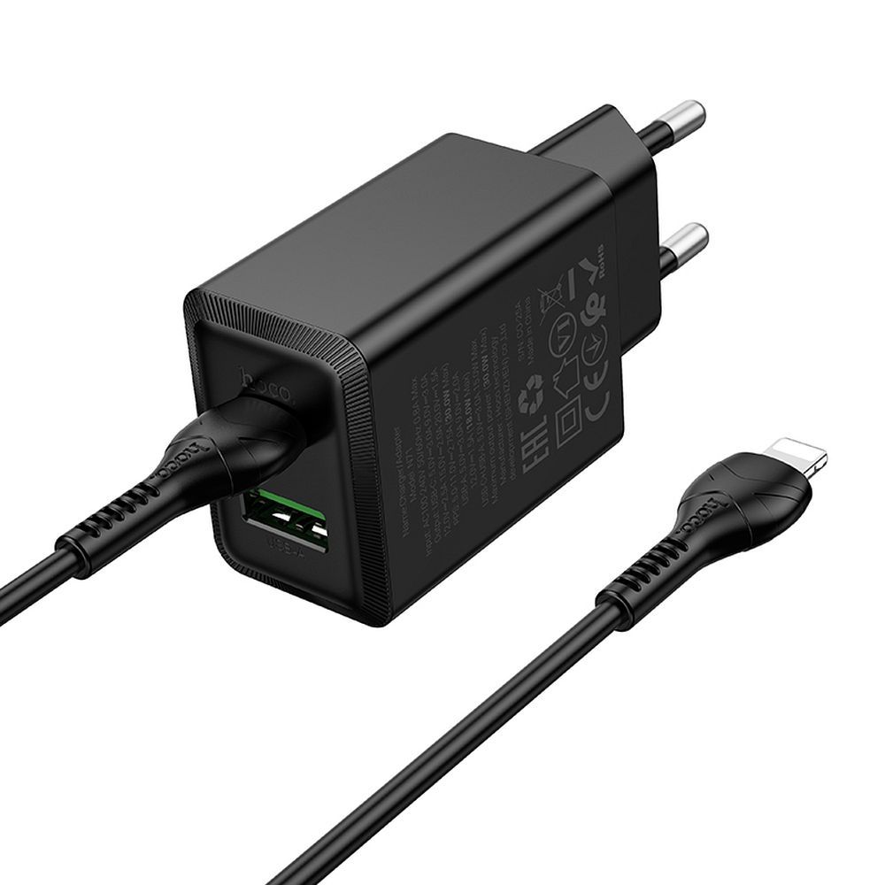 Lādētājs viedtālrunim Hoco USB A + USB C QC3.0 PD AFC 3A 30W + kabelis USB C uz USB C N71 melns