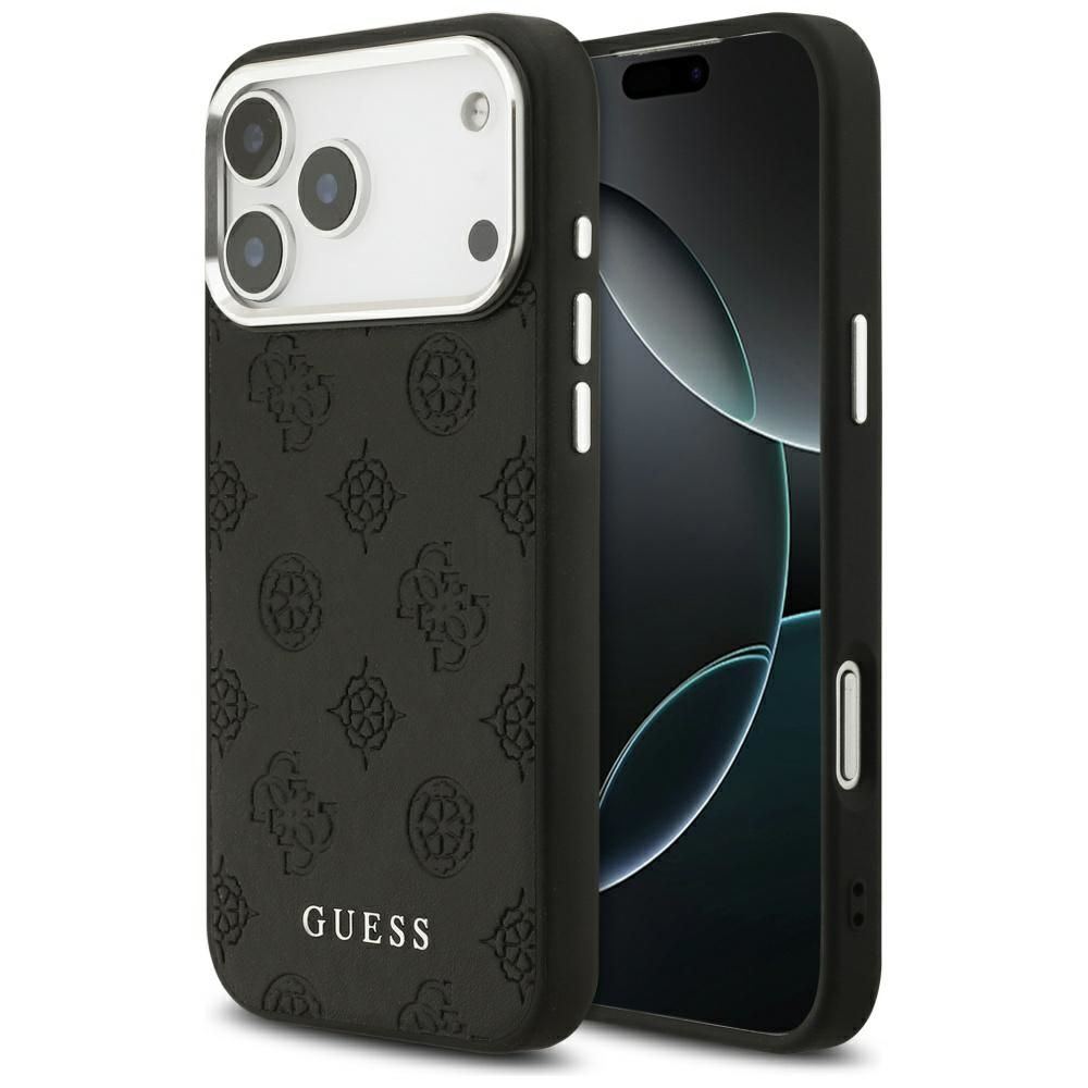 GUESS viedtālruņa apvalks IPHONE 17 Pro Max saderīgs ar Magnētisko GUHMP17XPSPOSSSK (PU W/ Peony Hot Stamp Script) melna