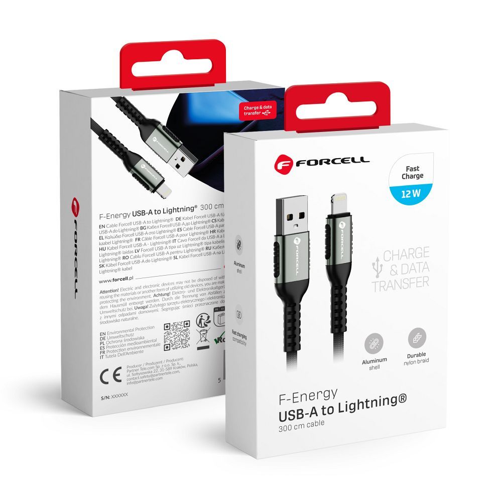 FORCELL F-ENERGY C257 kabelis USB A uz Lightning 2,4A 12W Cafule 3 m melns