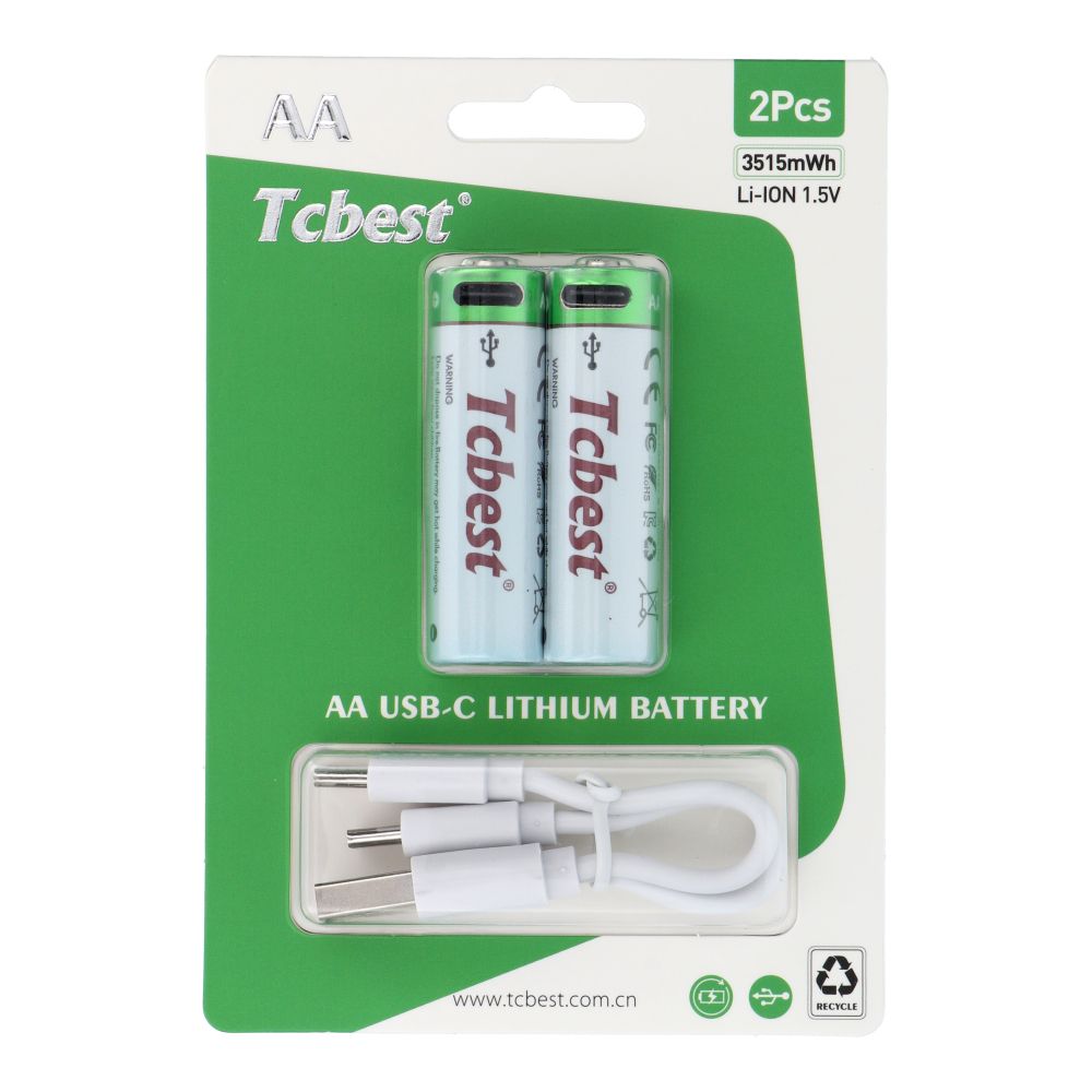 TCBEST uzlādes baterija R6 (AA) 950 mAh ar Type C ligzdu + USB A kabelis uz 2 x Type C 2 gab