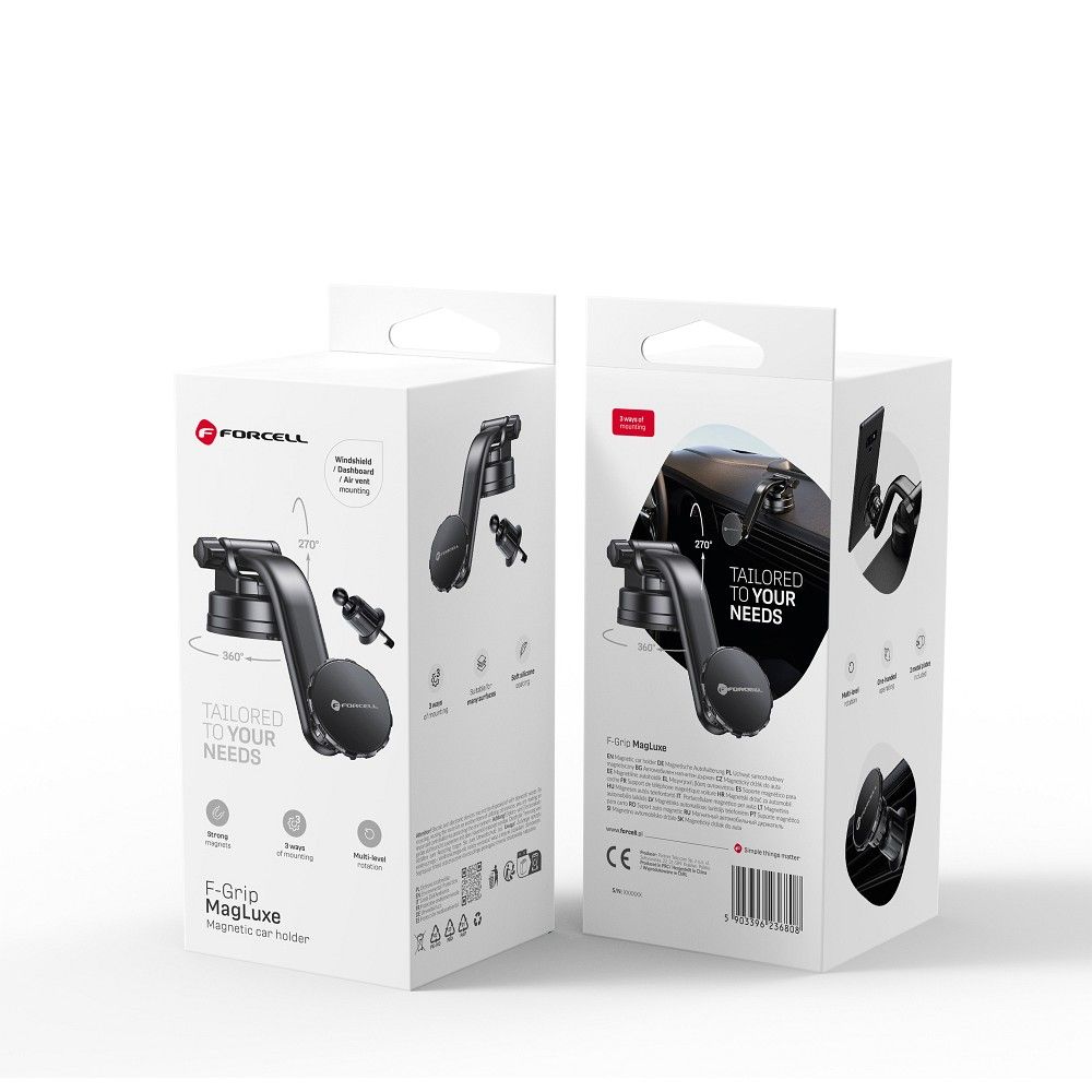 FORCELL F-GRIP MagLuxe magnētiskais auto turētājs priekšējā stiklā un paneļā melns