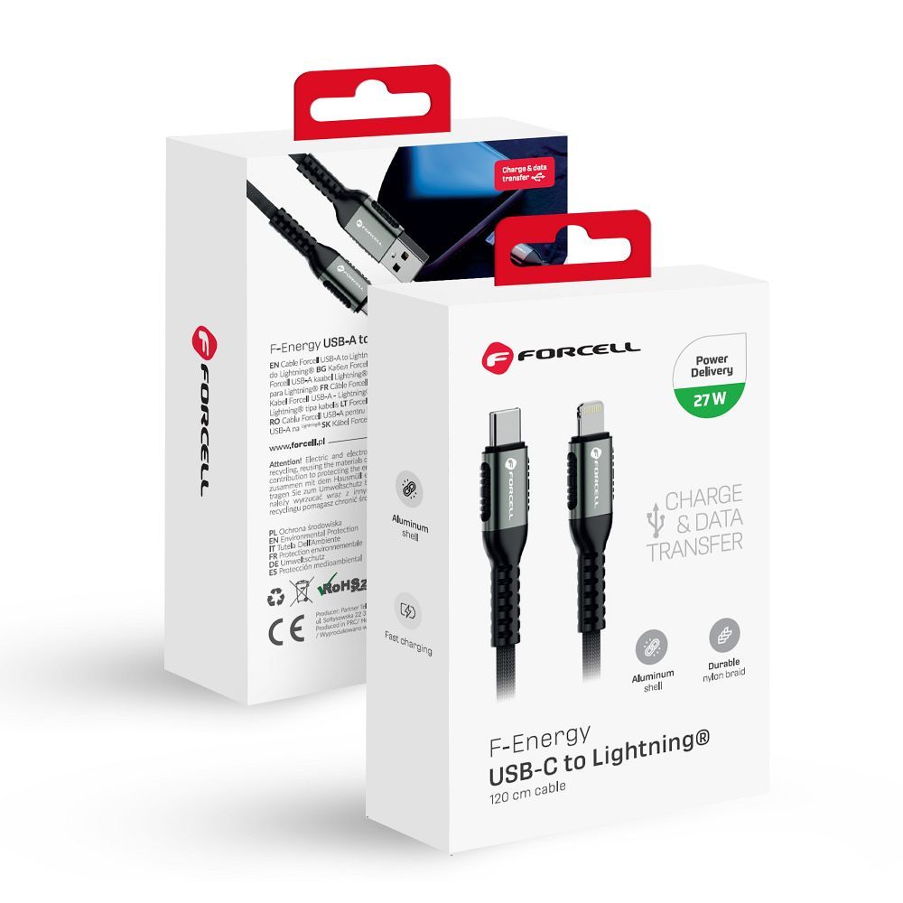 FORCELL F-ENERGY C259 kabelis Type C uz Lightning PD 3A 27W Cafule 1,2 m melns
