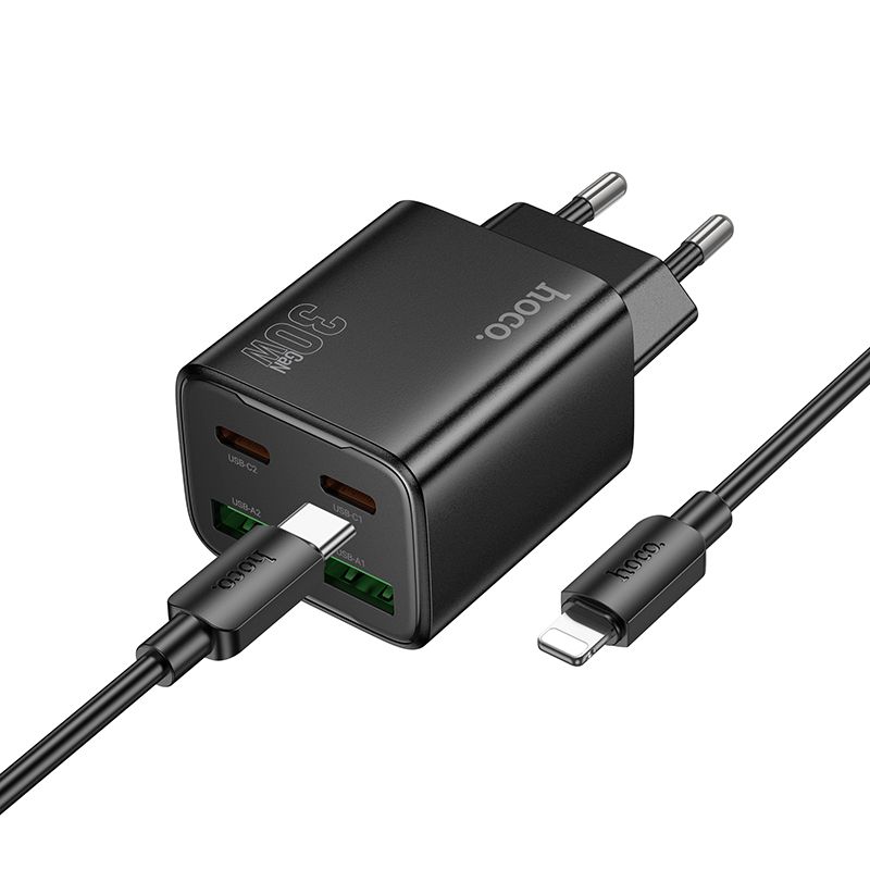 Lādētājs Hoco 2 x USB C + 2 x USB A QC3.0 PD 3A 30W + kabelis USB C uz Lightning N56 melns