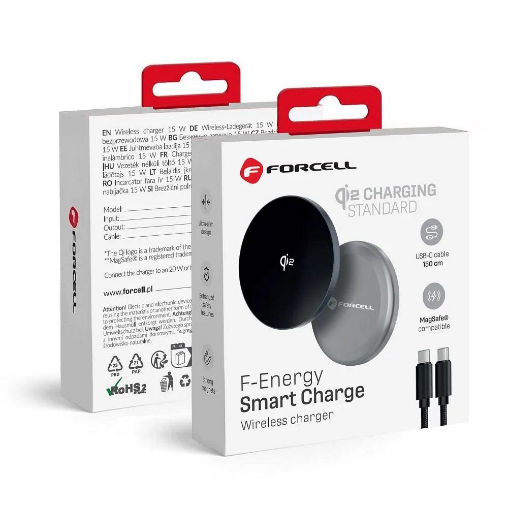 FORCELL F-ENERGY Smart Charge Qi2 15W bezvadu lādētājs ar 150cm noņemamu kabeli saderīgs ar MagSafe sudraba