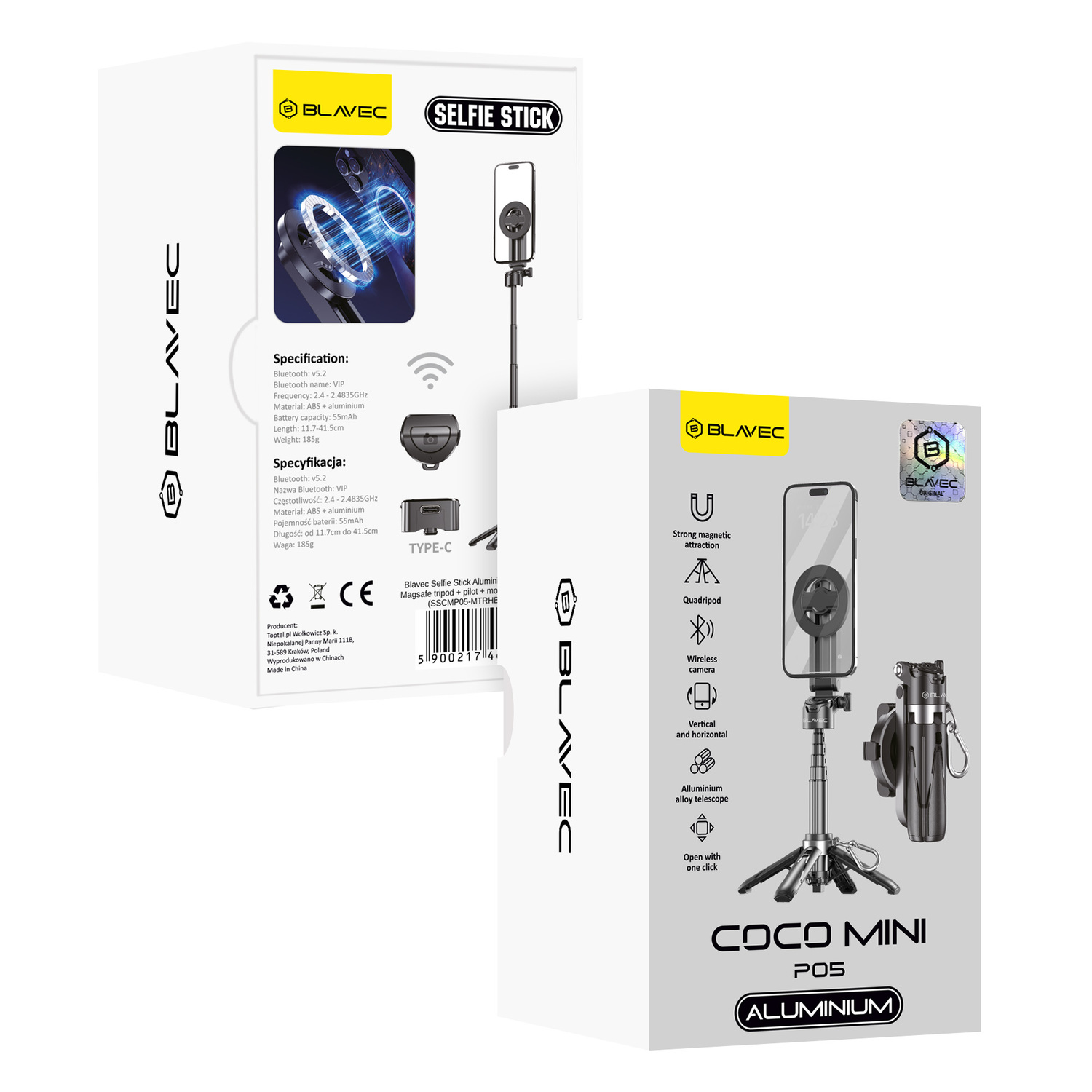 Blavec Selfie statīvs Alumīnija Coco Mini P-05 MagSafe statīvs + attālās vadības pults + turētājs 0,41 metri - melns