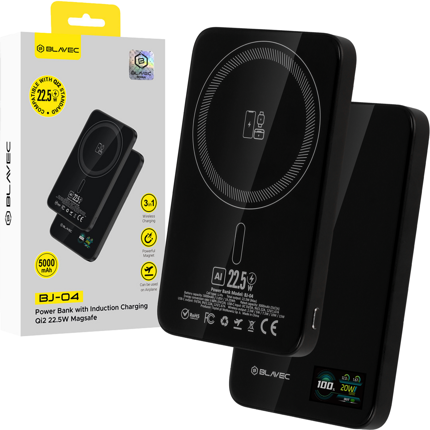 Blavec Portatīvais lādētājs 5000mAh BJ-04 Īpaši Plāns 7,8mm - Type C - 22,5W magnētiskā Magsafe 3 in 1 (PBBJ04-MC5B) melna stikls