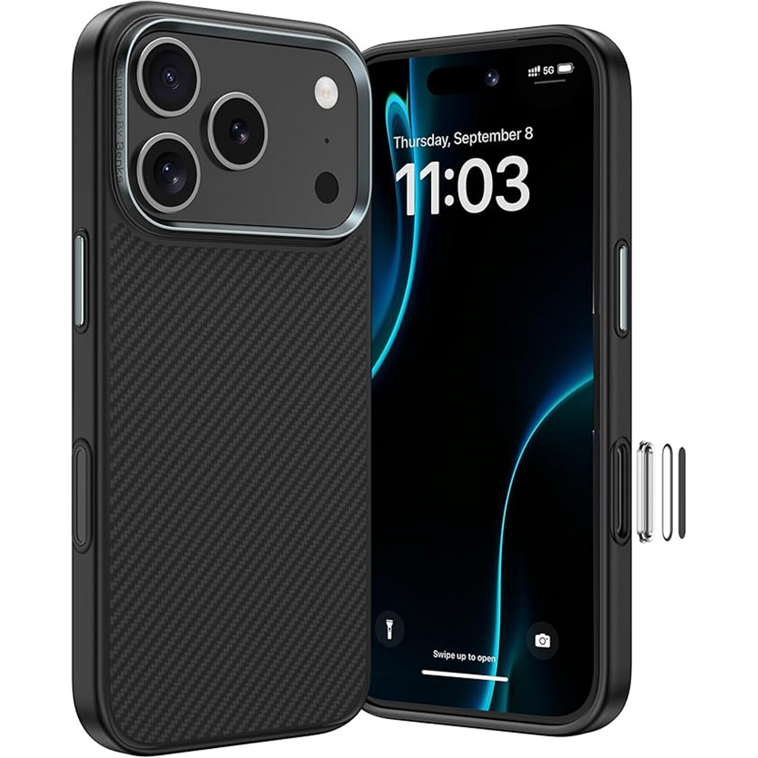 Benks magnētiskais Armor Pro Kevlar viedtālruņa apvalks ar metāla rāmi 600D (A070) Iphone 17 Pro Max melns (ar kameras vadības pogu)