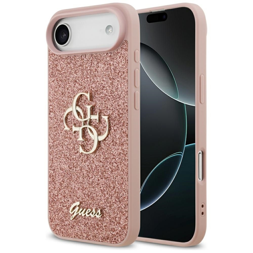 Oriģinālais apvalks GUESS 4G Liels logotips ar fiksētu glitter dizainu iPhone 17 Air rozā