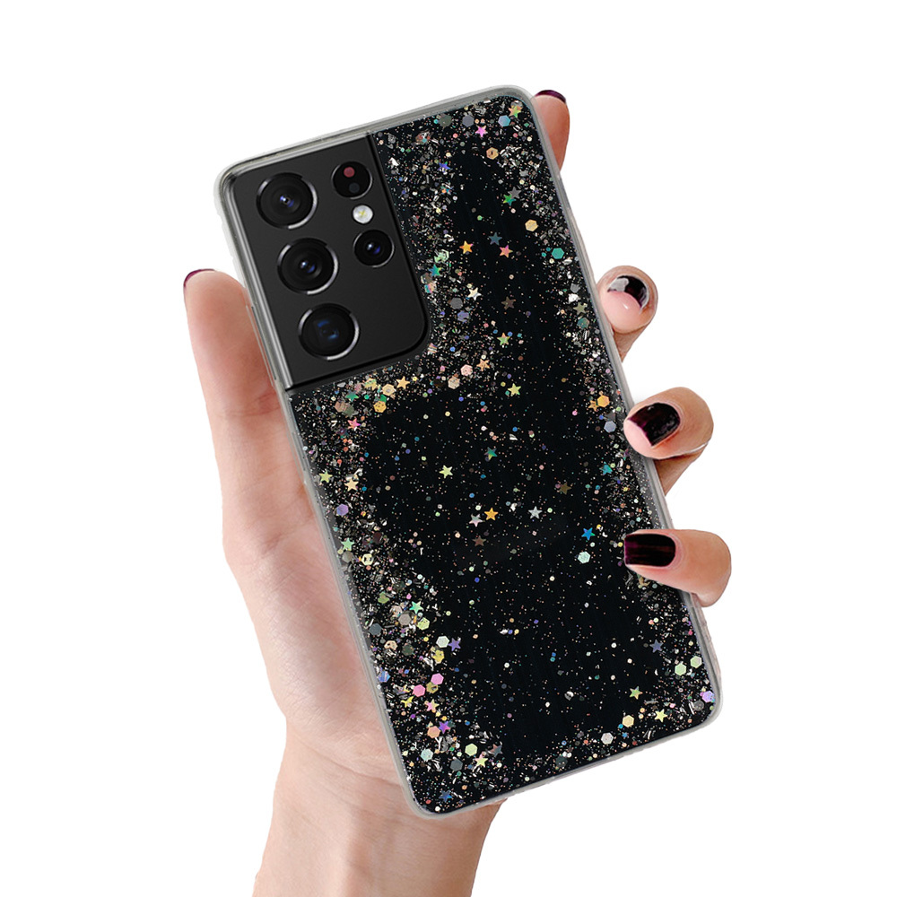 Spīdīgs skaidrs viedtālruņa apvalks Samsung Galaxy S21 Ultra melns