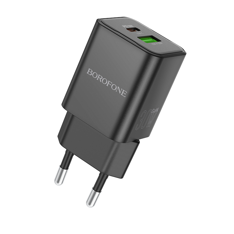 Borofone Sienas lādētājs BN14 Royal GaN - USB + Type C - QC 3.0 PD 30W melns