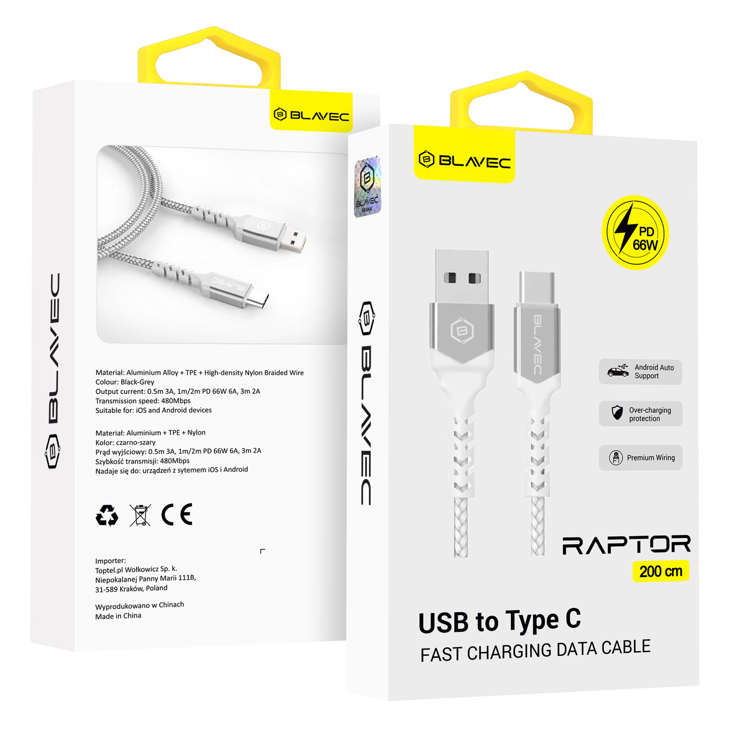 Blavec kabelis Raptor pīts - USB uz Type C - PD 66W 6A 2 metri Apple CarPlay/Android Auto (CRA-UC6WS20) balts-sudraba