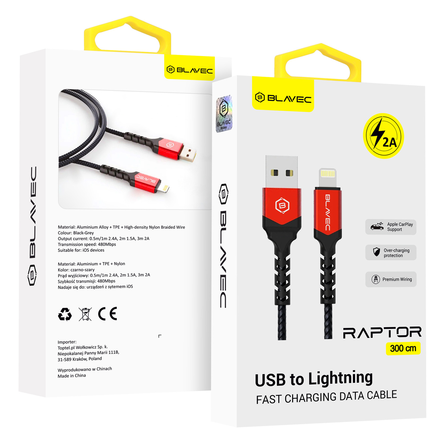 Blavec kabelis Raptor pīts - USB uz Lightning - 2A 3 metri Apple CarPlay (CRA-UL2BR30) melns-sarkans