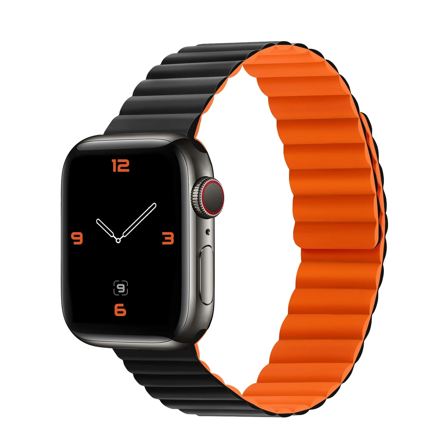Silikona magnētiskais cilpa Apple Watch 38/40/41 divpusējs dizains 2 melns-oranžs