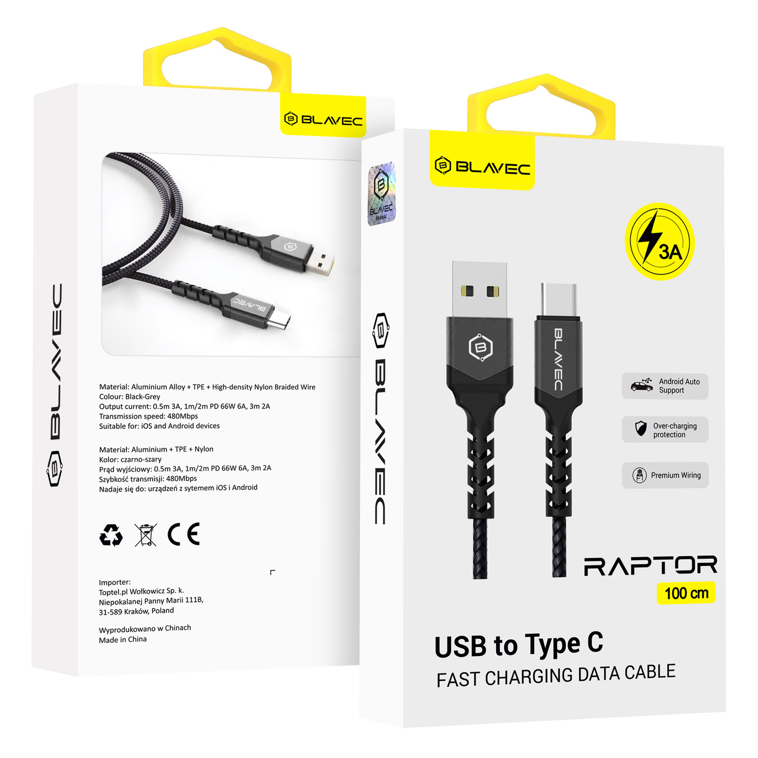 Blavec kabelis Raptor pīts - USB uz Type C - 3A 1 metrs Apple CarPlay/Android Auto (CRA-UC3BG10) melns-pelēks