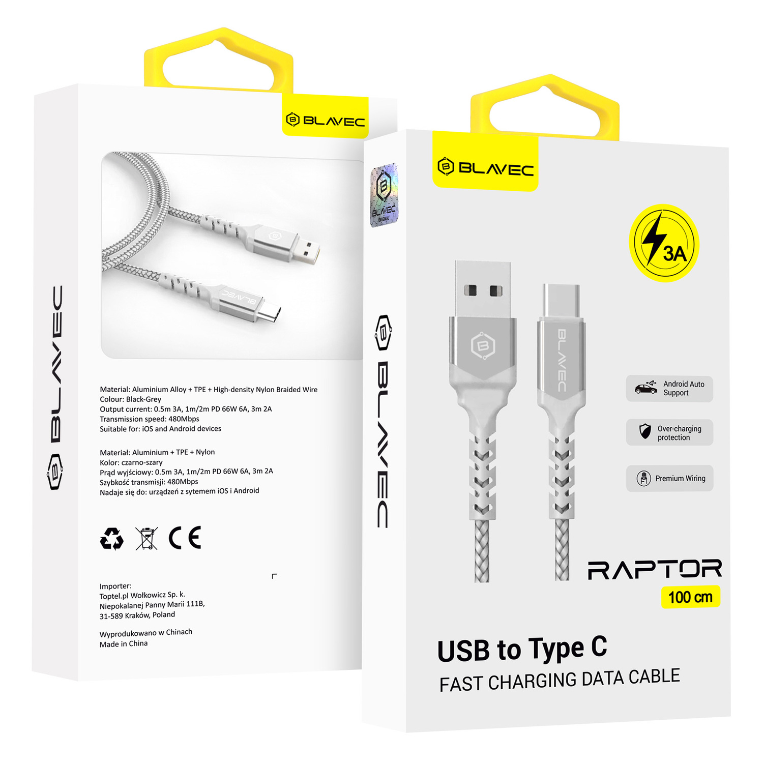 Blavec kabelis Raptor pīts - USB uz Type C - 3A 1 metrs Apple CarPlay/Android Auto (CRA-UC3WS10) balts-sudraba