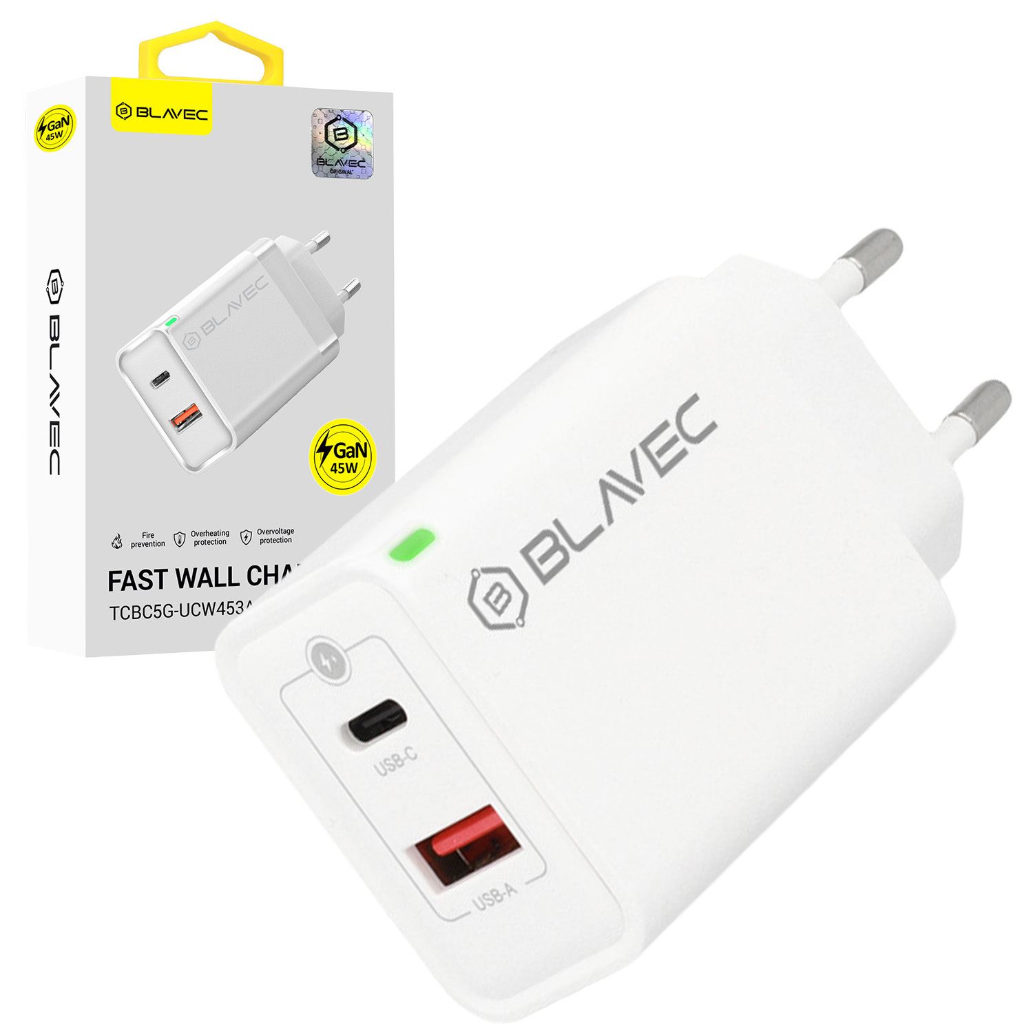 Blavec sienas lādētājs BC-5 GaN - USB + Type C - PD QC 45W 3A (TCBC5G-UCW453A) balts