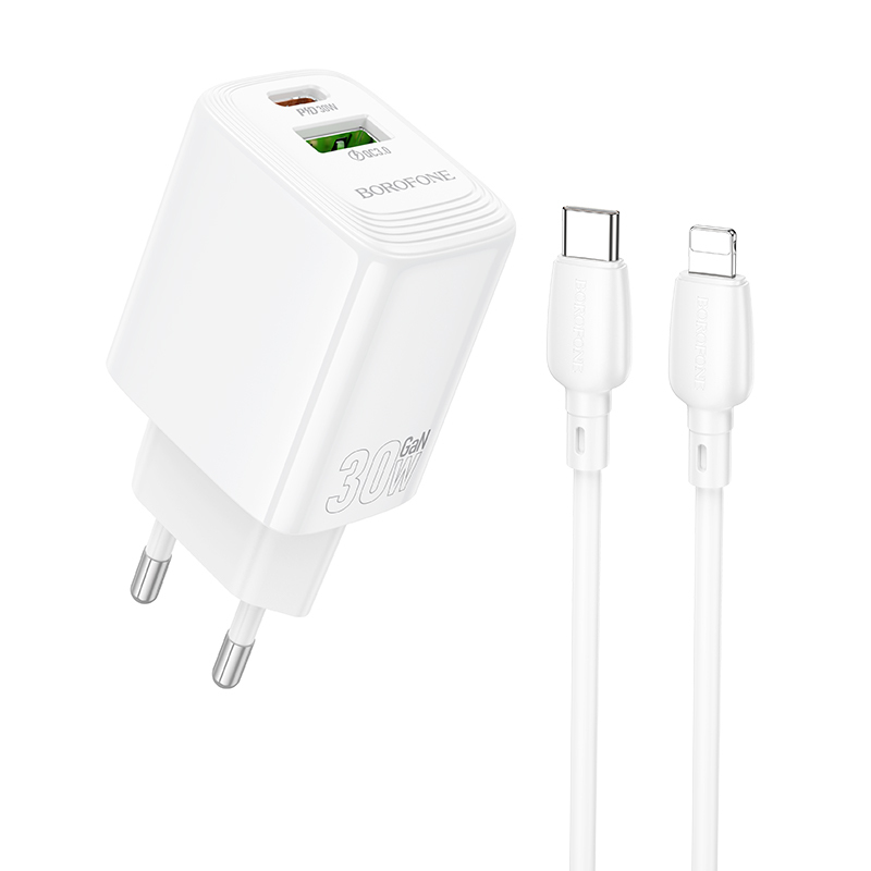 Borofone Lādētājs BN29 USB + Type C - QC 3.0 PD 30W ar Type C uz Lightning kabeli balts
