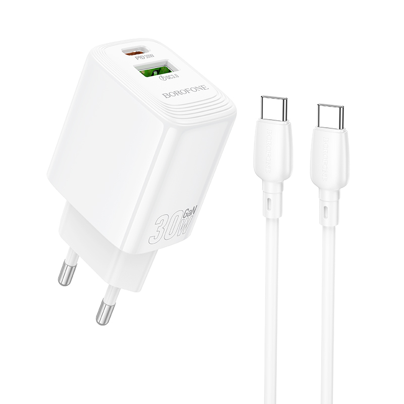 Borofone Lādētājs BN29 USB + Type C - QC 3.0 PD 30W ar Type C uz Type C kabeli balts