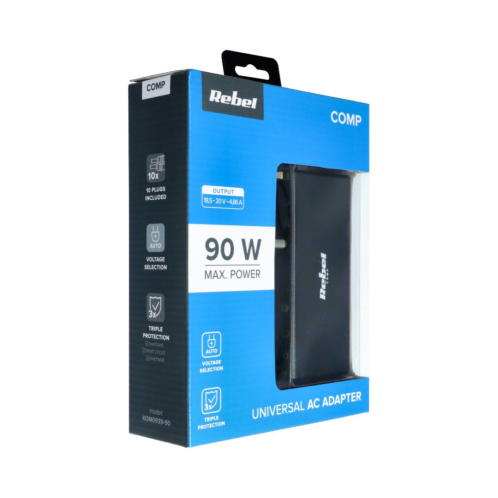 Universāls lādētājs REBEL portatīvajam datoram 90W/18-20V melns