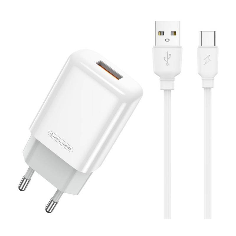 Lādētājs Jellico EU01 2.4A USB-A + USB-A uz USB-C kabelis 1.0m, balts