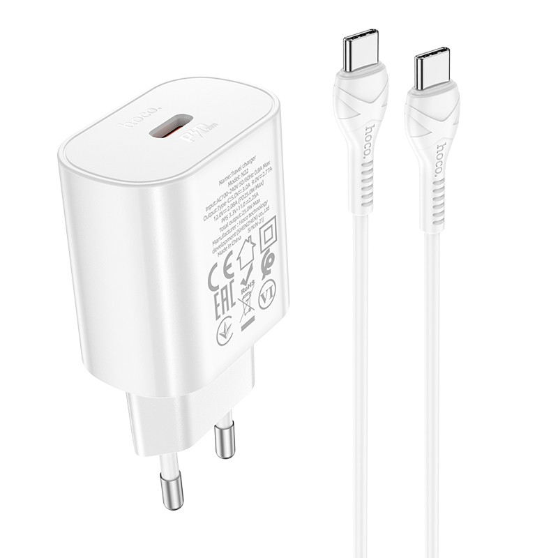 Lādētājs Hoco N22 25W USB-C + USB-C uz USB-C kabelis 1.0m, balts
