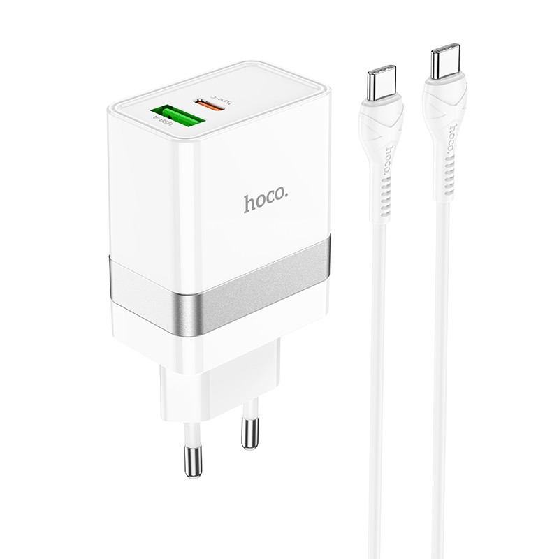 Lādētājs Hoco N21 30W USB-C/USB-A + USB-C uz USB-C kabelis 1.0m, balts