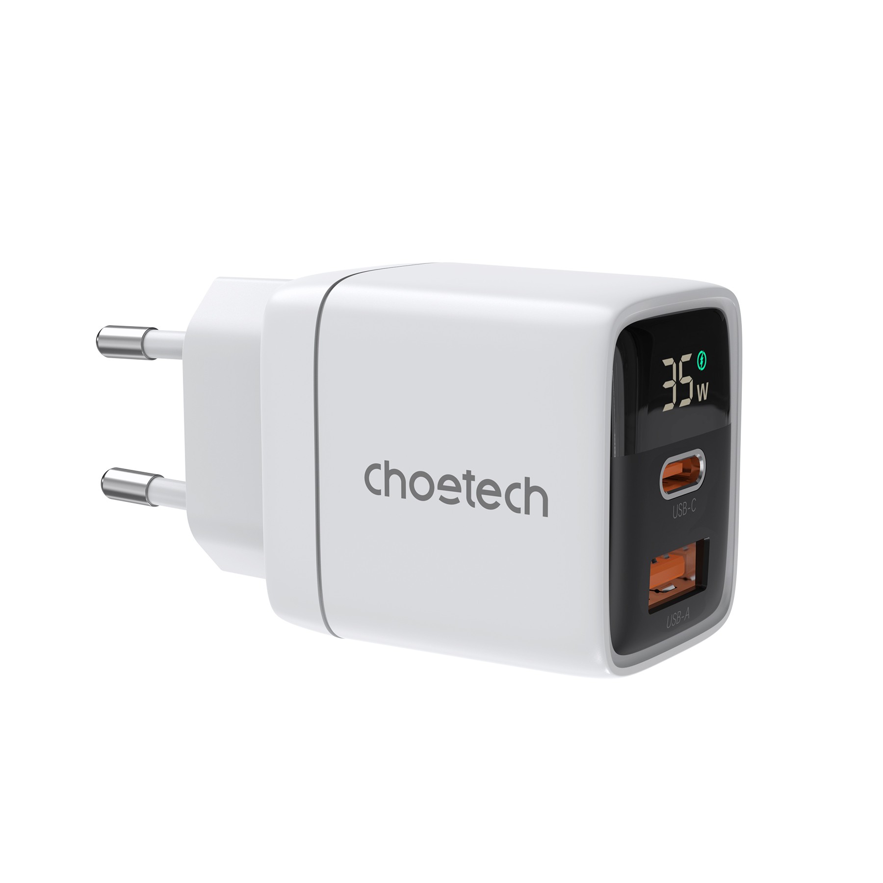 Choetech PD6052 USB-C USB-A PD 35W GaN sienas lādētājs ar ekrānu - balts
